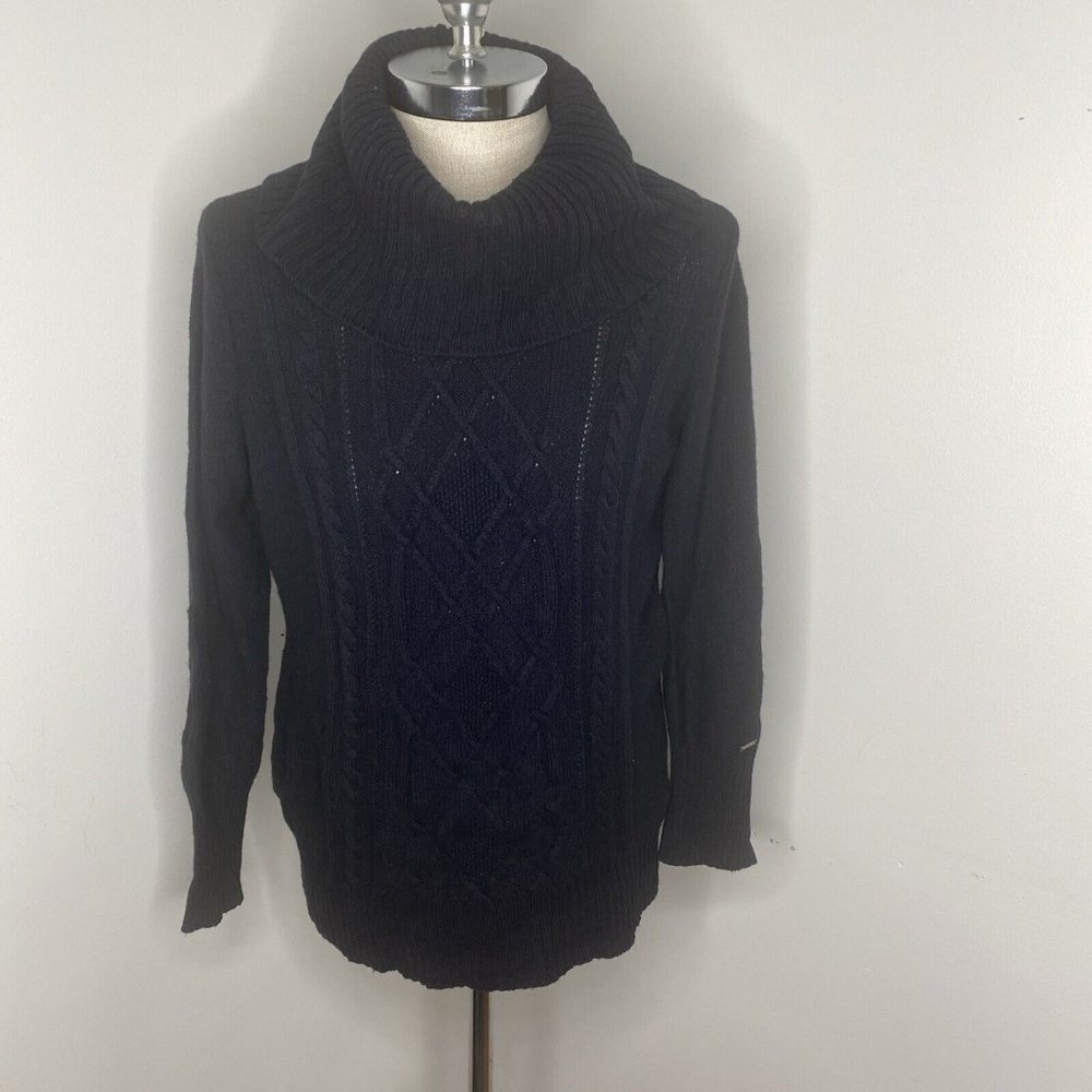 Cabela's Womens Cable Knit Sweater Sz L Black Turtle Neck TUnic Long Wool Blend